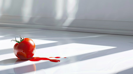 A vibrant red tomato spilled and rolling on the pristine white floor, catching the eye in an abstract scene.の素材