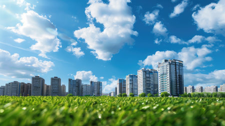 A picturesque scene of tall company buildings under a blue sky, framed by short green grass in the front, with an absence of people.の素材