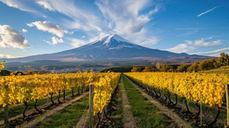 A vineyard in full bloom, rows of grape-laden vines capturing the essence of the harvest season, with Mount Fuji providing a stunning backdrop.の素材