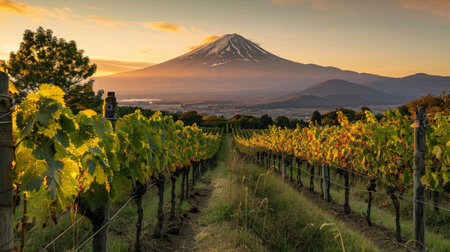 A vineyard filled with rows of grape-laden vines, the freshness of the harvest season evident, with the stunning Mount Fuji in the distance.の素材