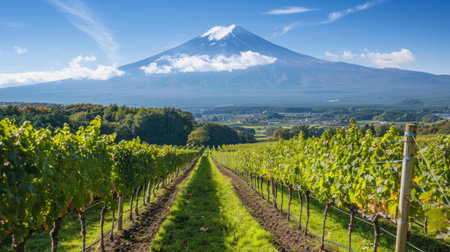 A thriving vineyard with rows of grapes ready for harvest, set against the breathtaking view of Mount Fuji.の素材