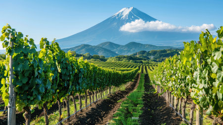 Rows of grape-filled vines in a vineyard, the freshness of the harvest season highlighted by the majestic Mount Fuji in the distance.の素材