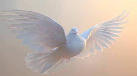 3D illustration of a white dove flying with its wings fully extended, symbolizing peace and freedom, against a clear background.の素材