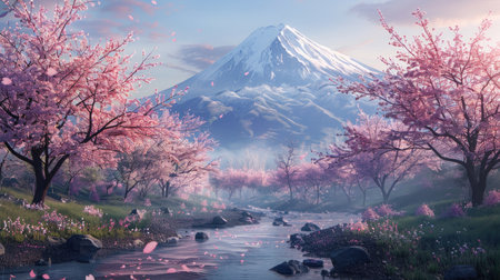 A serene natural scene with a stream lined by cherry blossoms, and the magnificent Mount Fuji towering in the background.の素材