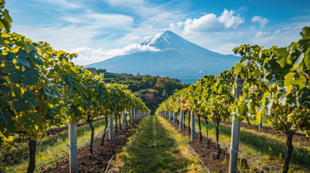 A vineyard filled with rows of grape-laden vines, the freshness of the harvest season evident, with the stunning Mount Fuji in the distance.の素材