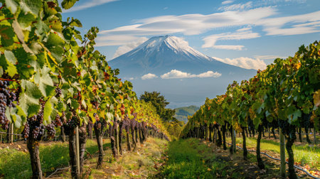 Rows of grapevines heavy with fruit in a lush vineyard, with the majestic Mount Fuji standing proudly in the background, capturing the bounty of harvest season.の素材