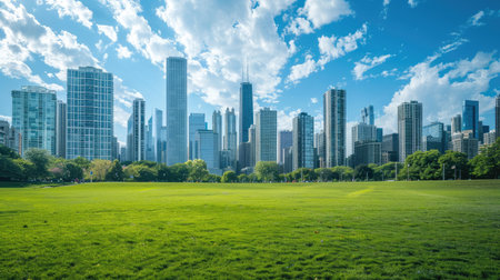 A skyline of tall company buildings under a blue sky, with a green grassy area in the front, creating a serene, people-free scene.の素材