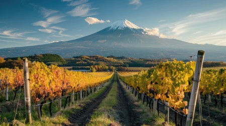 A vineyard in full bloom, rows of grape-laden vines capturing the essence of the harvest season, with Mount Fuji providing a stunning backdrop.の素材