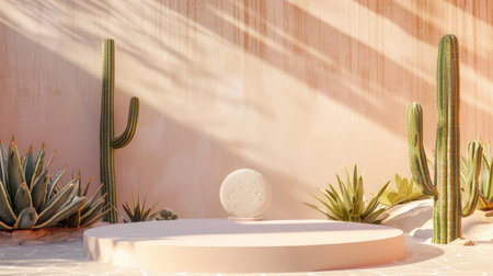 3D mockup of a summer cosmetic podium with a cactus and desert background, ideal for product presentations.の素材