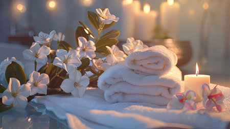 Elegant spa bathroom scene with white towels, candles, and flowers, perfect for showcasing a luxury massage and relaxation conceptの素材