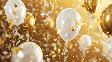3D rendering of a birthday background with gold and white balloons, confetti, and ribbon, perfect for anniversary celebrations.の素材