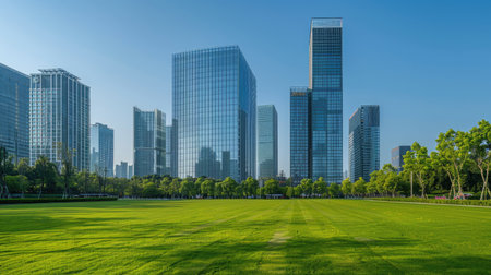 Tall company buildings aligned in the middle under a clear blue sky, with a front view of short green grass, devoid of any people.の素材