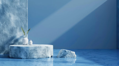 Abstract water podium for 3D cosmetic product displays, featuring a blue backdrop and minimalistic stone stand.の素材