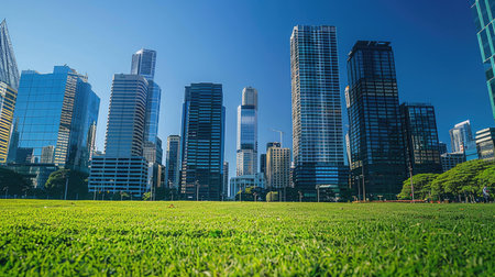 A clear blue sky above tall company buildings lined up in the middle, with short green grass in the front, and no people present.の素材