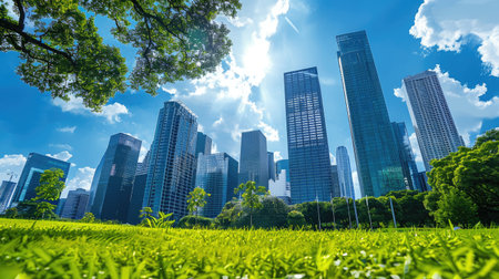 A skyline of tall company buildings under a blue sky, with a green grassy area in the front, creating a serene, people-free scene.の素材