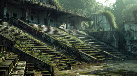 A once-bustling stadium now stands silent and neglected, with dilapidated seating and encroaching vegetation.の素材