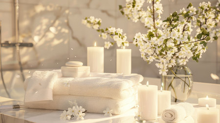 Elegant spa bathroom scene with white towels, candles, and flowers, perfect for showcasing a luxury massage and relaxation conceptの素材