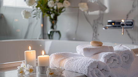 Luxurious bathroom spa setting with white towels, candles, and flowers, creating a calming and relaxing ambiance.の素材