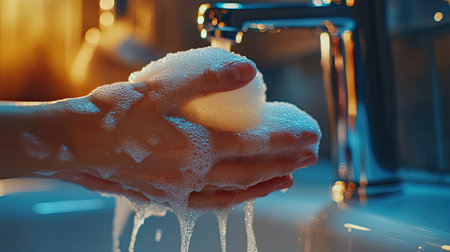 A close-up of hands being thoroughly lathered with liquid soap under a modern faucet, emphasizing the importanceの素材