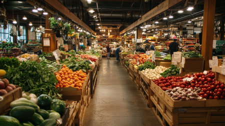 A bustling indoor market with rows of stalls displaying fresh produce. Bright lights illuminate a variety of colorful fruits and vegetablesの素材