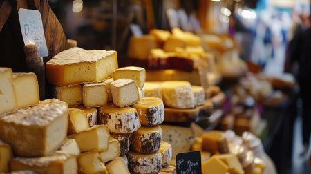 A cheese market stall featuring a variety of artisanal cheeses stacked in neat rows, with a blurred background highlightingの素材
