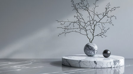 White marble podium with a minimalistic stone stand, perfect for product displays and presentations, captured in a 3D illustration.の素材
