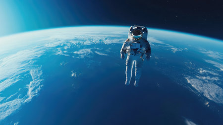 A lone astronaut floating gracefully in the 3D stratosphere, with Earth curvature visible below and the vastness of space above.の素材