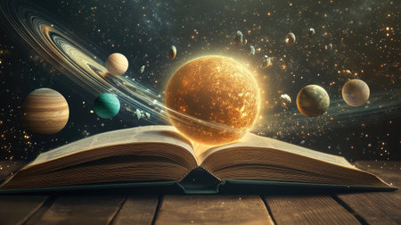 A book lies open, revealing a fully rendered solar system with planets, moons, and the sun emerging from its pages,の素材