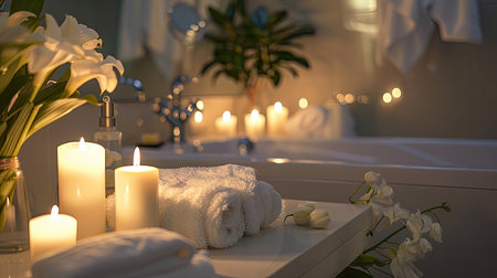Luxurious bathroom spa setting with white towels, candles, and flowers, creating a calming and relaxing ambiance.の素材