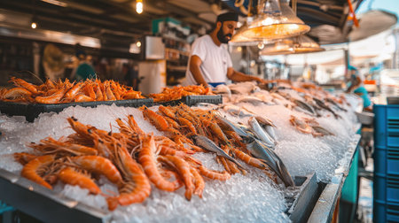 A busy fish market in Abu Dhabi, with freshly caught fish and seafood like shrimps displayed on ice.の素材