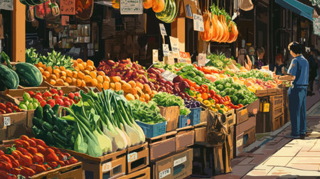 A lively food market scene featuring a rich assortment of fresh fruits and vegetables, creating a colorful and invitingの素材