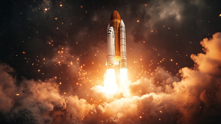 A dramatic scene of a spaceship launching into space under the cover of night,の素材