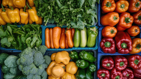 A colorful array of fresh vegetables at a market stall, showcasing a variety of greens, peppers, and root vegetablesの素材
