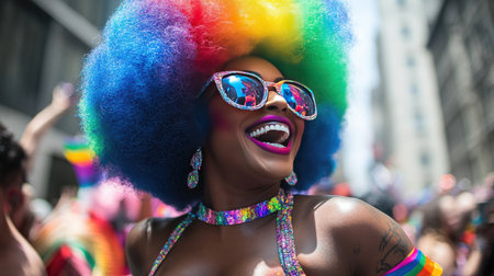 A black drag queen in a rainbow afro wig, beaming with pride and joy, celebrating at an LGBTQ parade.の素材