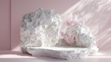 Pastel rock arch platform for green beauty products, perfect for presentations, featuring a 3D composition and stone platformの素材