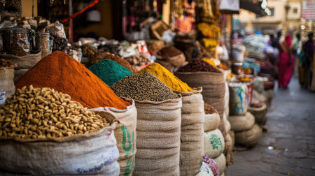 A bustling market scene in Bikaner, India, with sacks of spices, seeds, and roots for sale.の素材