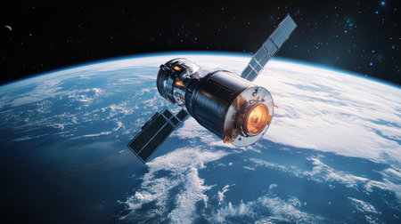 A 3D rendering of a space satellite orbiting Earth, with the planet surface visible below,の素材