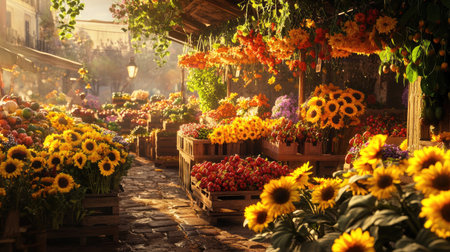 A vibrant summer market brimming with colorful fresh flowers and an array of produce. Stalls filled with sunflowers,の素材