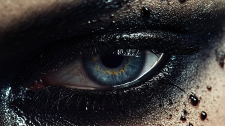 A close-up of a model's eye with dark smoky makeup and realistic tear droplets, conveying a profound emotional moment through the combinationの素材