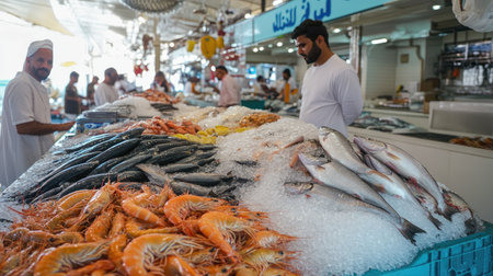 A busy fish market in Abu Dhabi, with freshly caught fish and seafood like shrimps displayed on ice.の素材