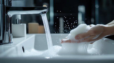A modern bathroom sink with hands being washed using liquid soap, with bubbles forming under the water flow,の素材