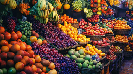 A vibrant fruit market with a rich assortment of fresh fruits and vegetables, arranged in a rainbow of colors,の素材