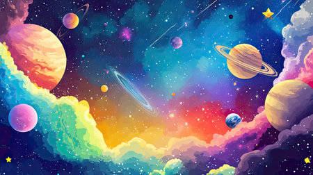 A vibrant vector illustration of a galaxy, with planets, moons, and cosmic objects in a colorful, starry space background.の素材