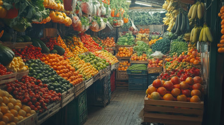 A local market filled with an array of fresh fruits and vegetables, neatly arranged in vibrant displays that highlightの素材