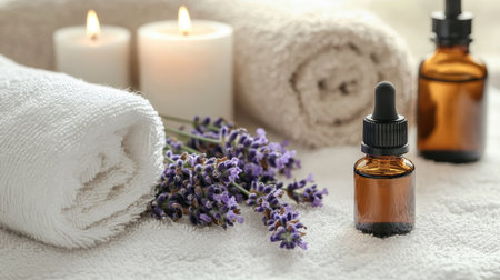A calming scene of spa essentials laid out on a white towel, including a lavender sprig, essential oils, and a plush towel,の素材