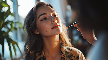 In a bright, cozy studio, a young woman receives a professional makeup application,の素材