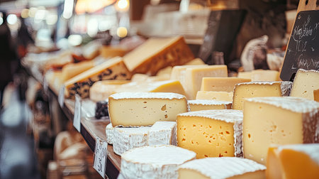 A close-up of a cheese market stall with an array of cheeses on display, while the background fades into a soft blur,の素材