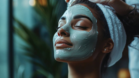 A serene moment in a spa where a woman has a face mask applied by a beautician, highlighting the detox, cleansing,の素材