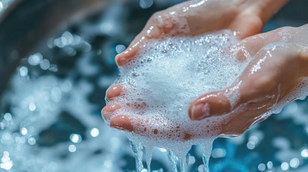 Hands being washed with liquid soap under running water, with rich foam forming,の素材