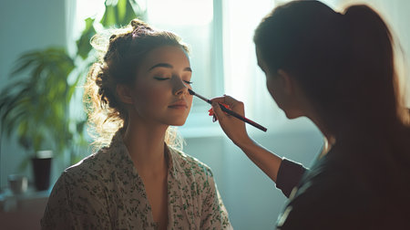 A young woman sits in a bright studio, enjoying a professional makeup session,の素材